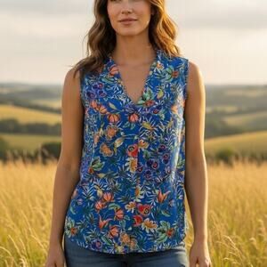 Rose & Olive Floral Tropical Tank Womens Medium Blue Multicolor Shell Top